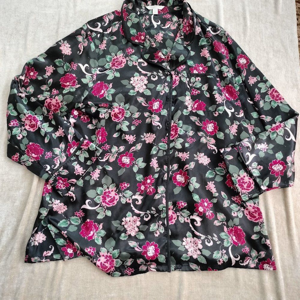Black Croft & Barrow Intimates Women Floral Button Up Pajama Top Size XL